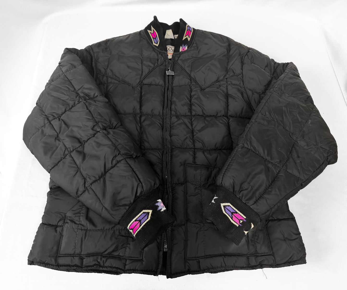 Vintage 90s Walls Black Aztec Southwest Accent Puffer Jacket, Approx. Women's Sz. S, Vintage Western Coat