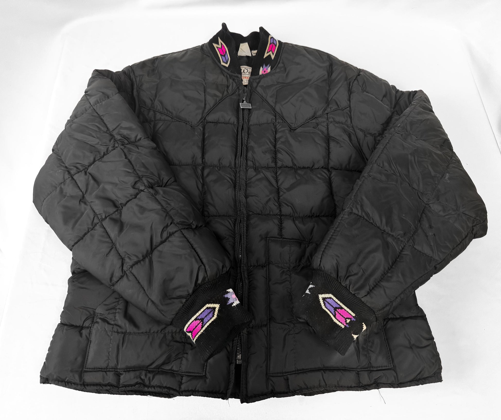 Vintage 90s Walls Black Aztec Southwest Accent Puffer Jacket, Approx. Women's Sz. S, Vintage Western Coat
