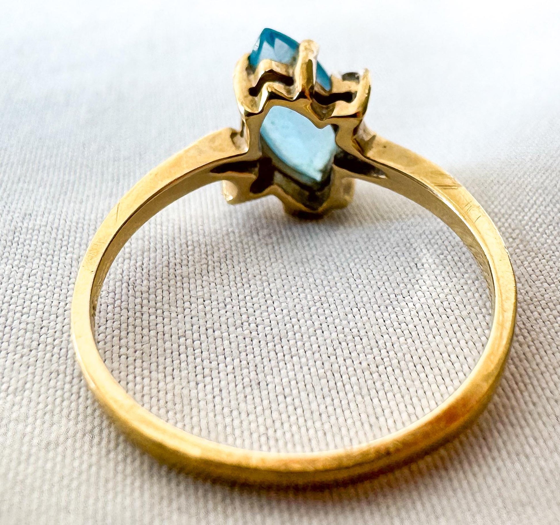 Vintage 10K Yellow Gold Diamond Light Blue Topaz Marquise Ring, Sz. 6.5, Unique Statement Art Deco Style Ring