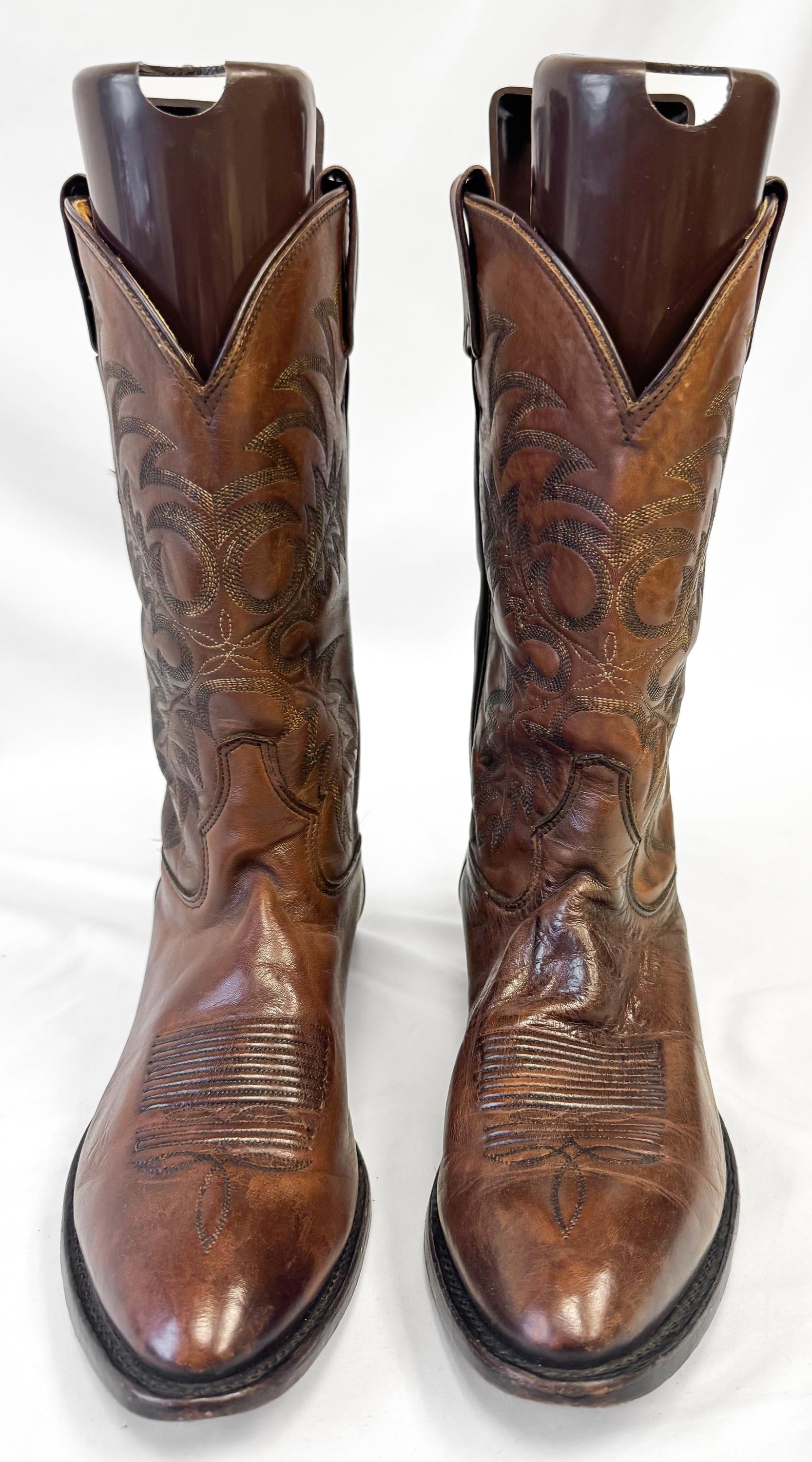 Vintage Tony Lama Brown Leather Embroidered Cowboy Boots, Style 7901, Men's Sz. 10.5EE, Vintage Western Boots