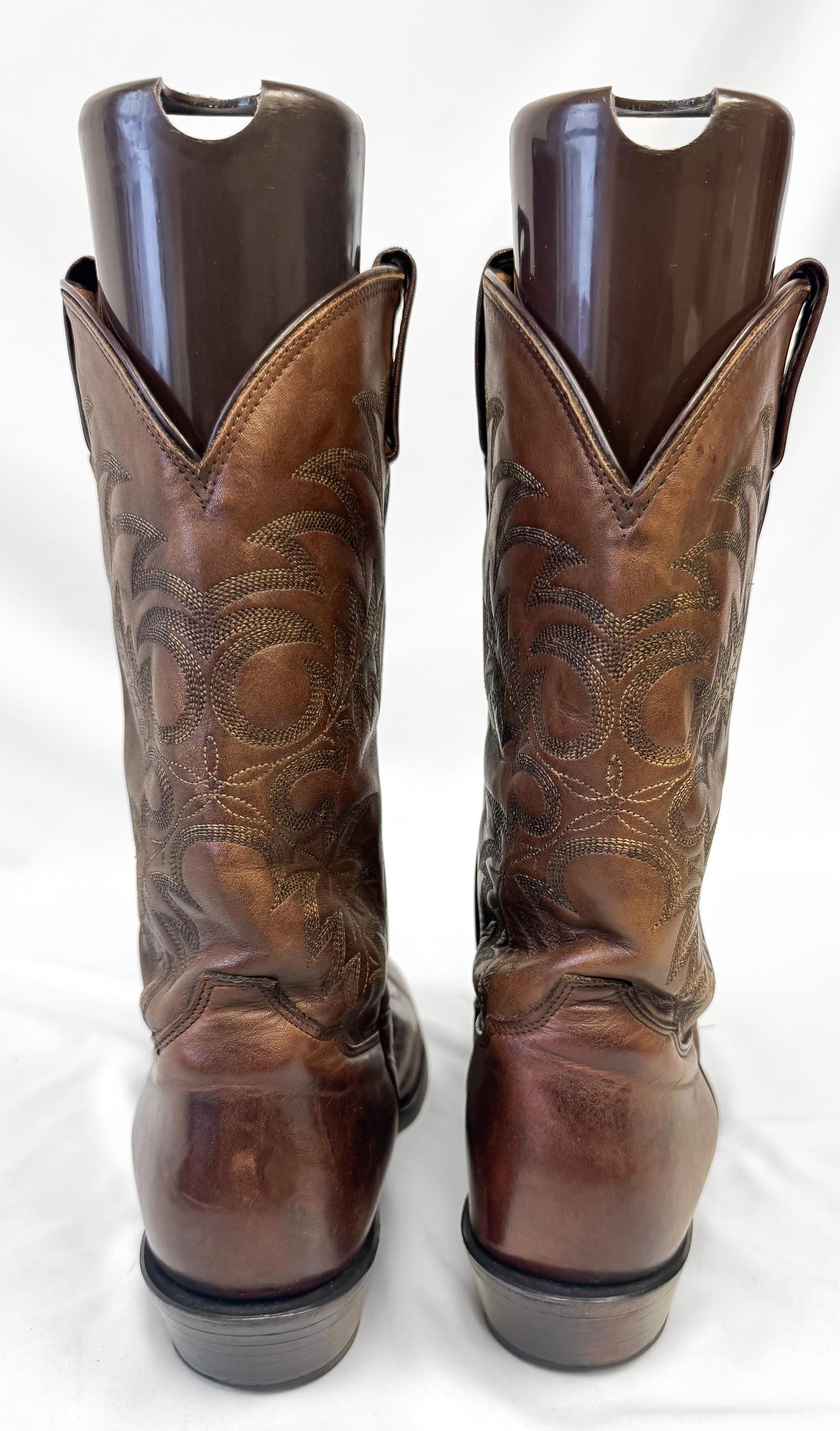 Vintage Tony Lama Brown Leather Embroidered Cowboy Boots, Style 7901, Men's Sz. 10.5EE, Vintage Western Boots