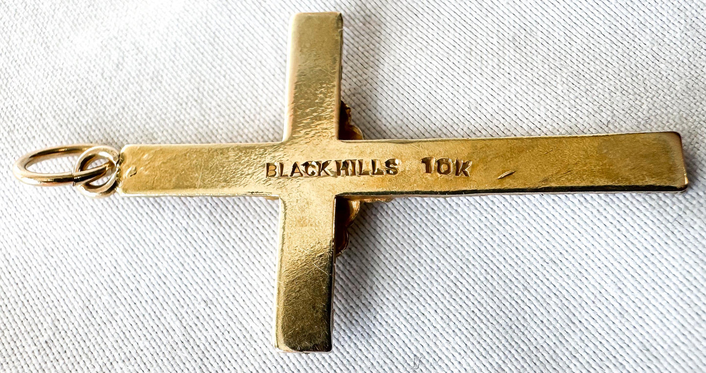 Vintage 10K Black Hills Gold Etched Cross Pendant with Leaf Details, 1.5"