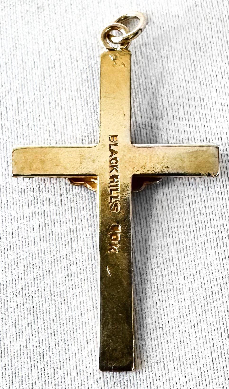 Vintage 10K Black Hills Gold Etched Cross Pendant with Leaf Details, 1.5"