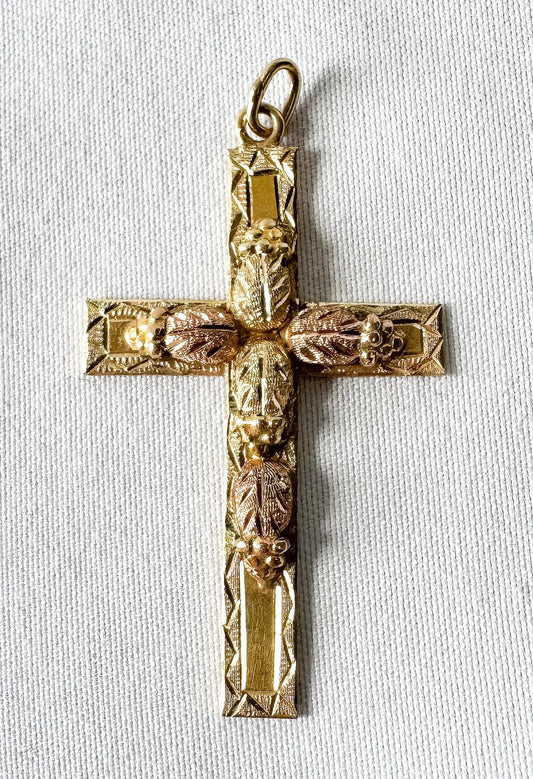 Vintage 10K Black Hills Gold Etched Cross Pendant with Leaf Details, Roughly 1.5 Inches