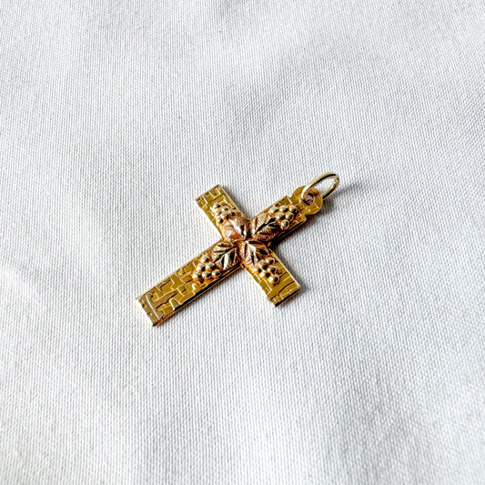 Vintage 10K Landstroms Black Hills Gold Etched Cross Pendant with Leaf Details, 1 Inch