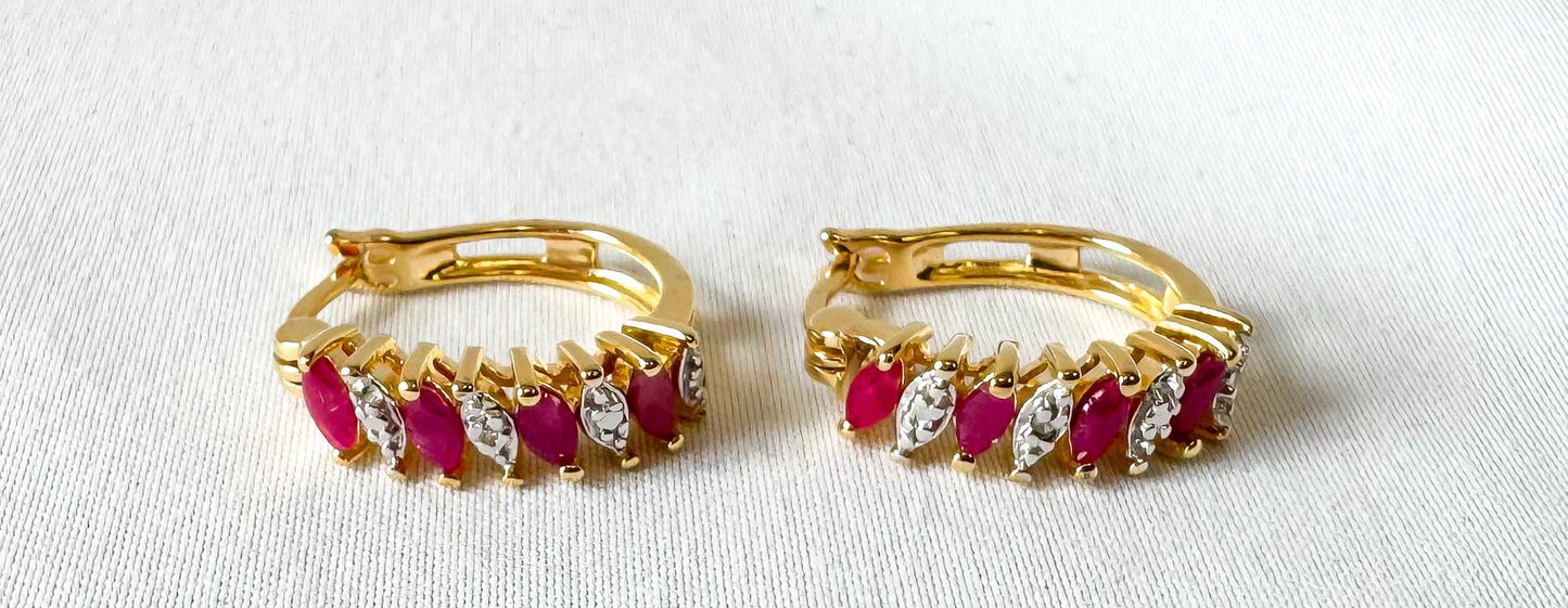 925 Gold Toned Diamond Ruby Hoop Earrings, Elegant Simple Minimalist Hoops