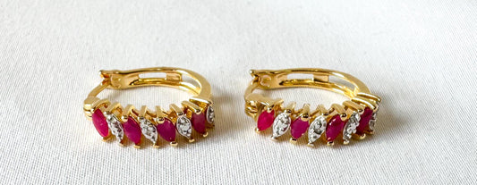 925 Gold Toned Diamond Ruby Hoop Earrings, Elegant Simple Minimalist Hoops