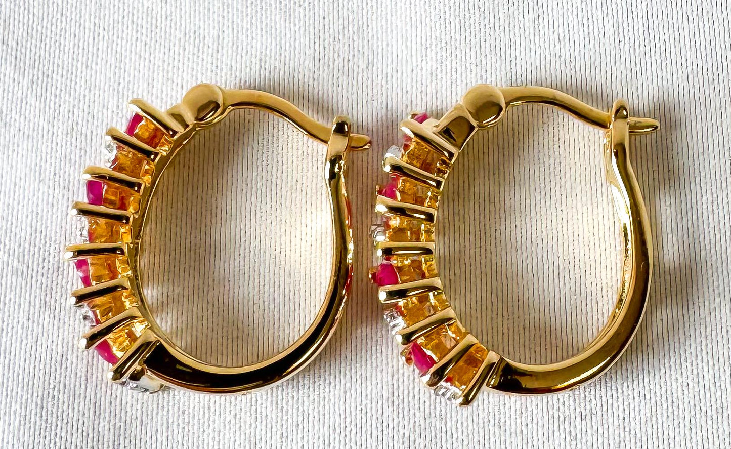 925 Gold Toned Diamond Ruby Hoop Earrings, Elegant Simple Minimalist Hoops