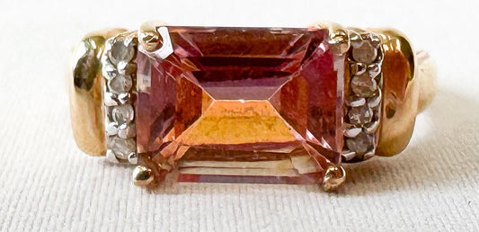 10K Pink Mystic Topaz Diamond Accent Rectangle Statement Ring, Sz. 7, Unique Statement Ring