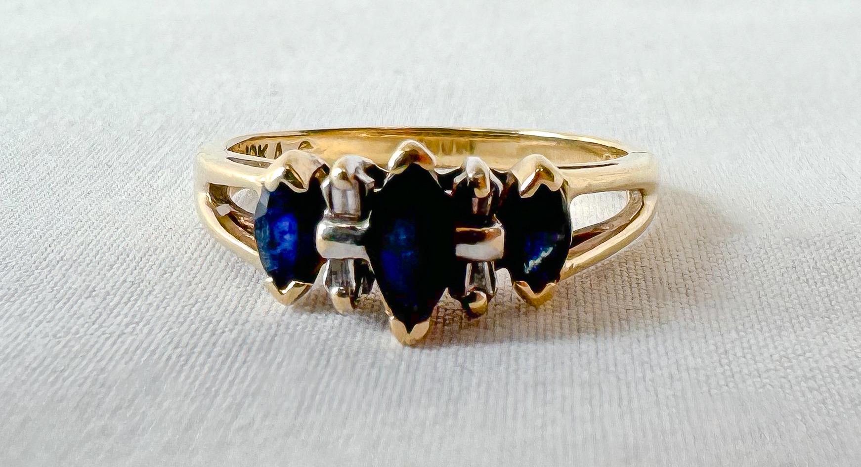 Vintage 10K Yellow Gold Dark Blue Sapphire Marquise Diamond Accent Ring, Sz. 6.5