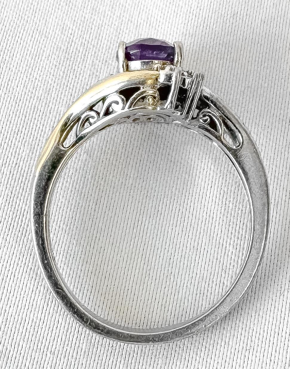 Vintage 10K 925 Two Tone Diamond Amethyst Ring, Sz. 7, Vintage Unique Elegant Art Deco Style Ring