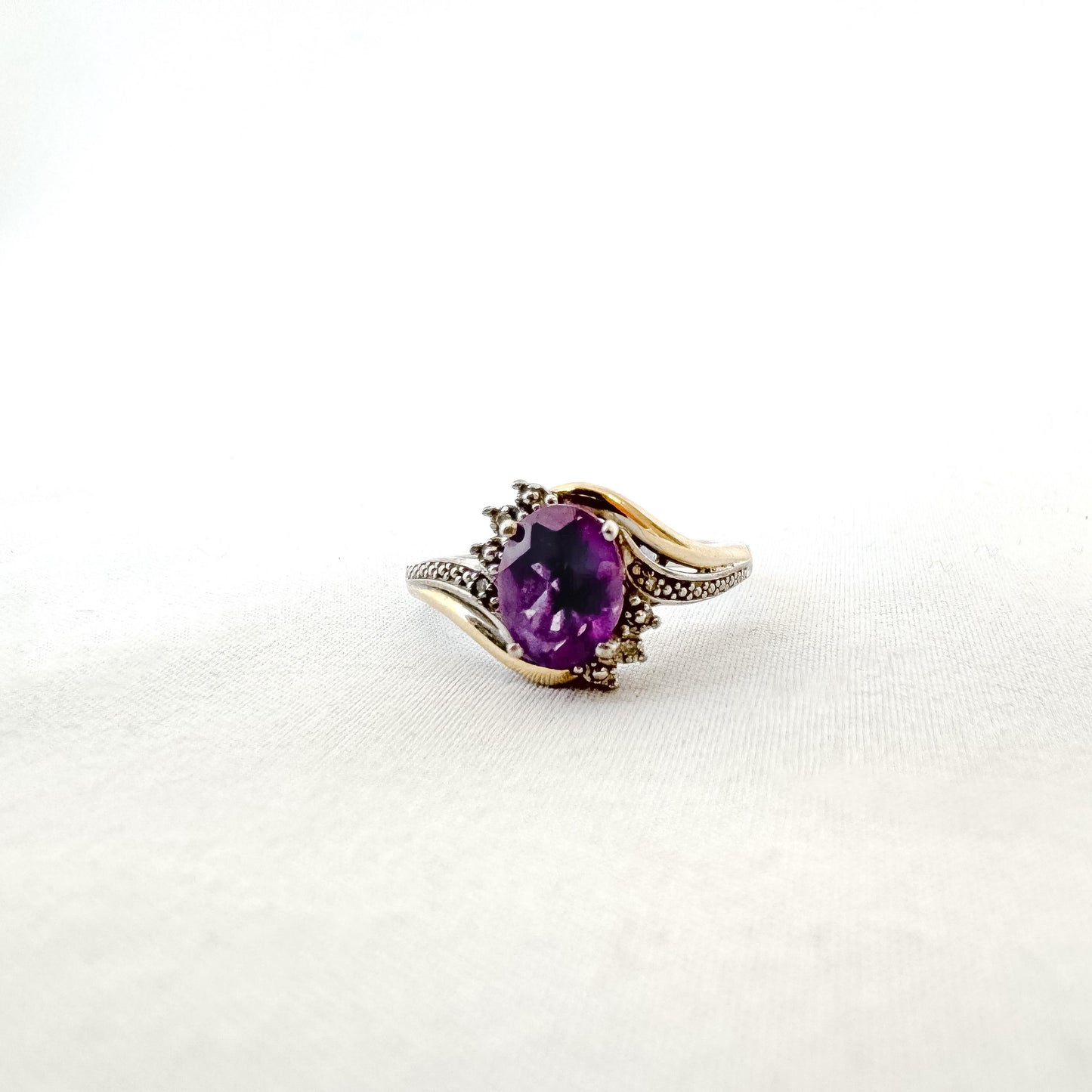 Vintage 10K 925 Two Tone Diamond Amethyst Ring, Sz. 7, Vintage Unique Elegant Art Deco Style Ring