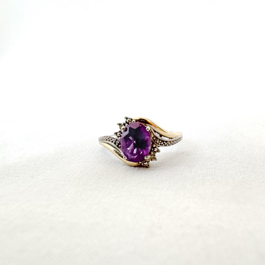 Vintage 10K 925 Two Tone Diamond Amethyst Ring, Sz. 7, Vintage Unique Elegant Art Deco Style Ring