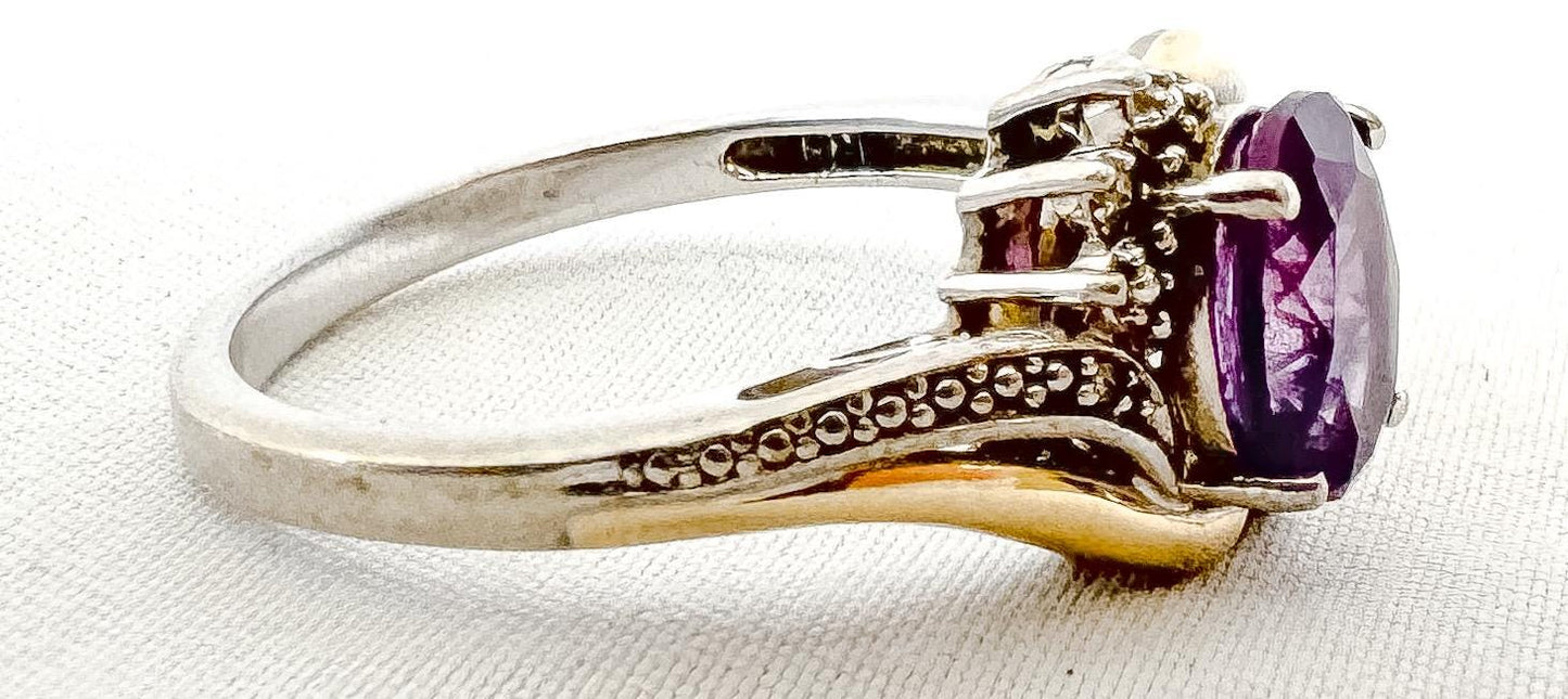 Vintage 10K 925 Two Tone Diamond Amethyst Ring, Sz. 7, Vintage Unique Elegant Art Deco Style Ring