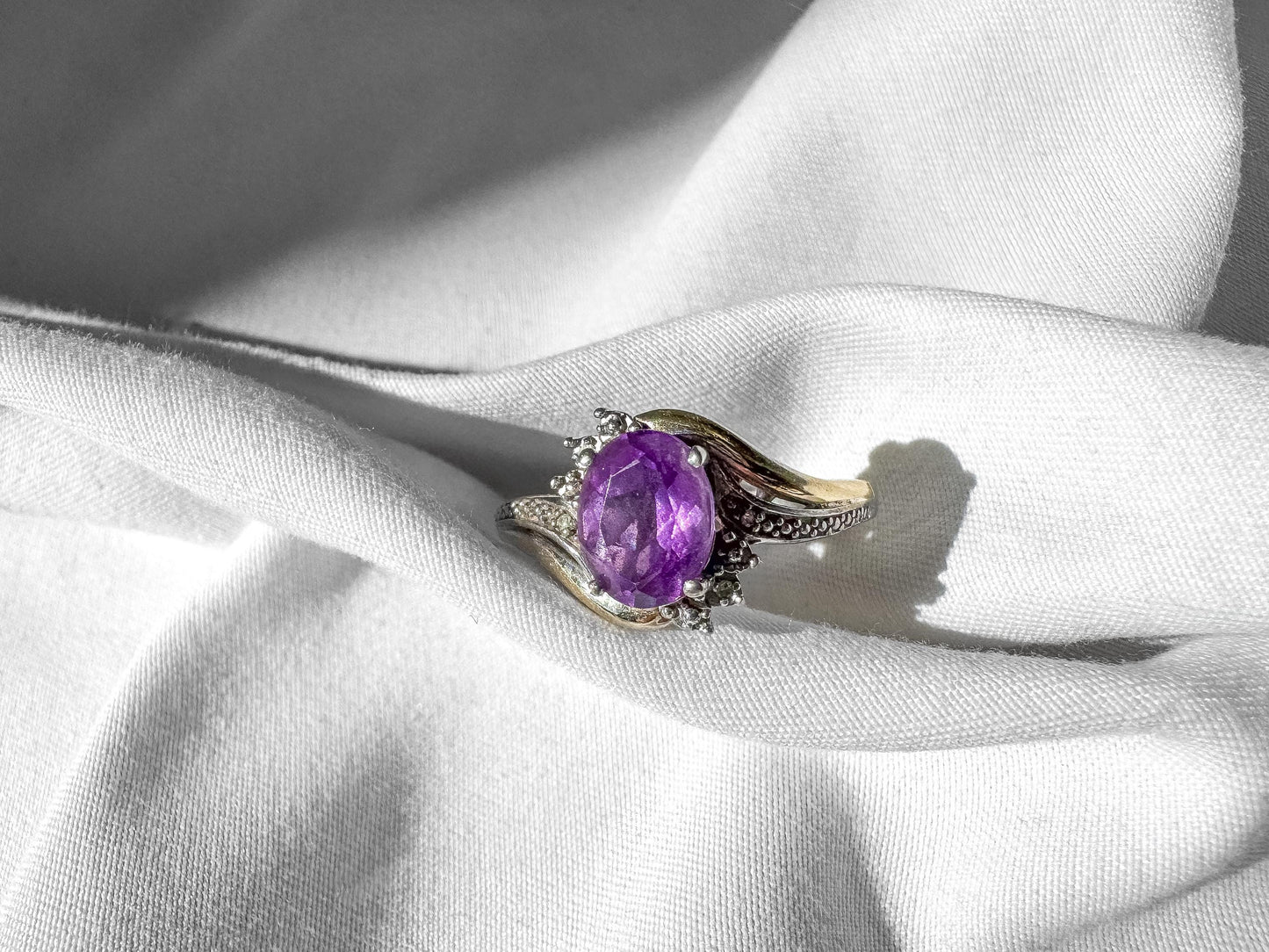Vintage 10K 925 Two Tone Diamond Amethyst Ring, Sz. 7, Vintage Unique Elegant Art Deco Style Ring