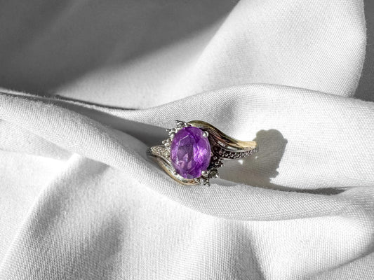Vintage 10K 925 Two Tone Diamond Amethyst Ring, Sz. 7, Vintage Unique Elegant Art Deco Style Ring