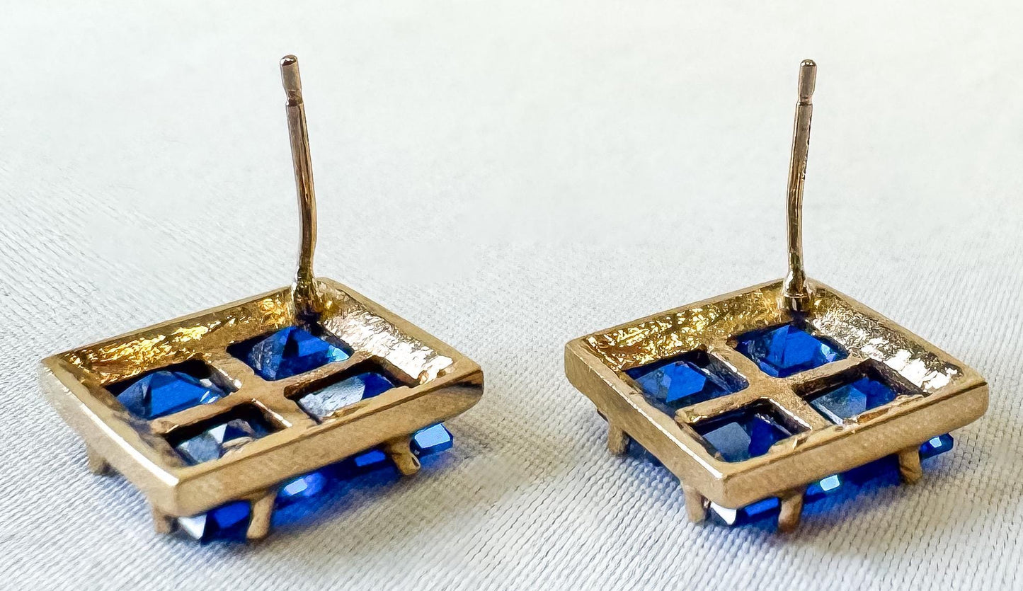 Vintage 10K Yellow Gold Blue Spinel Square Grid Stud Earrings, Simple Elegant Minimalist Earrings