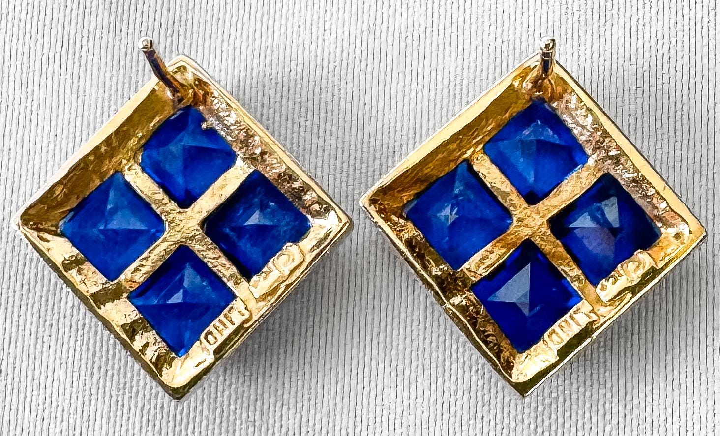 Vintage 10K Yellow Gold Blue Spinel Square Grid Stud Earrings, Simple Elegant Minimalist Earrings