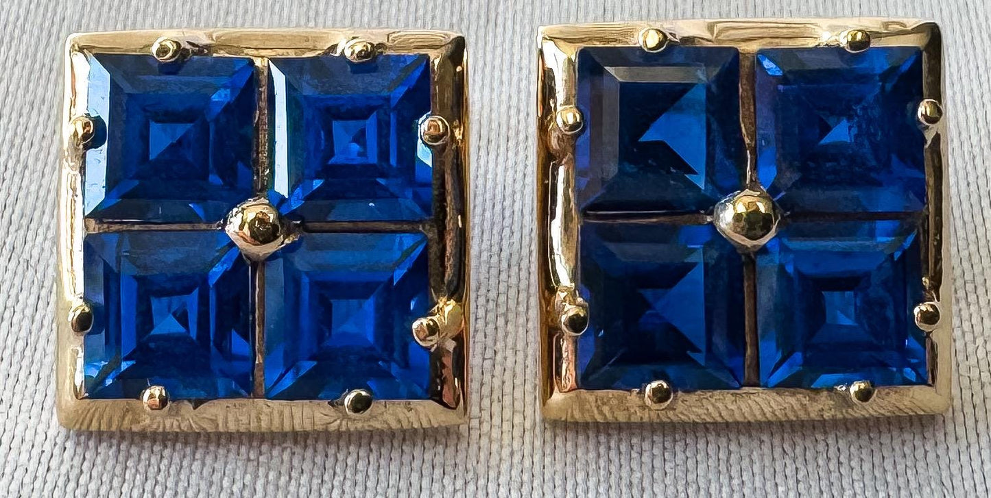 Vintage 10K Yellow Gold Blue Spinel Square Grid Stud Earrings, Simple Elegant Minimalist Earrings