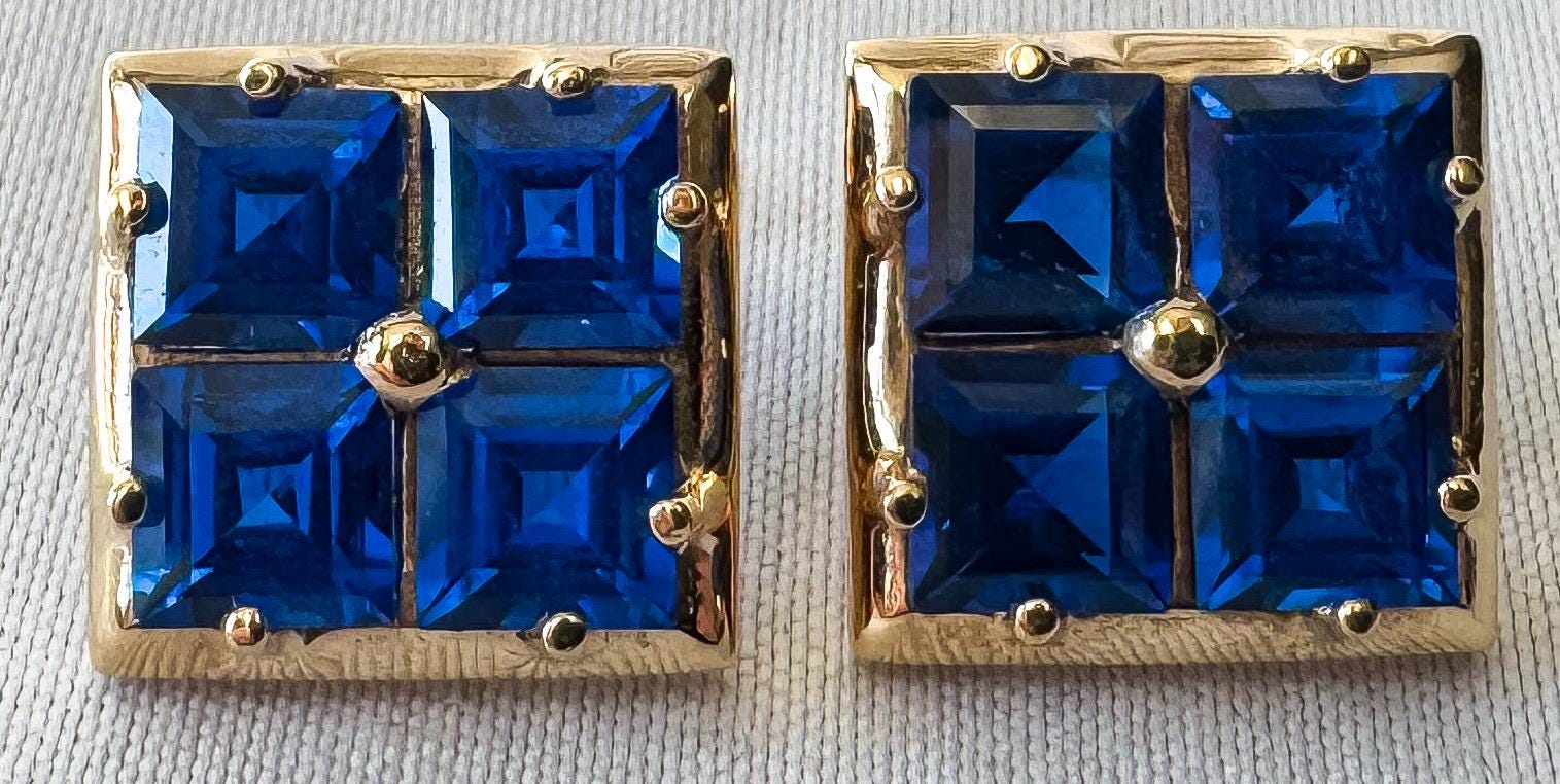 Vintage 10K Yellow Gold Blue Spinel Square Grid Stud Earrings, Simple Elegant Minimalist Earrings