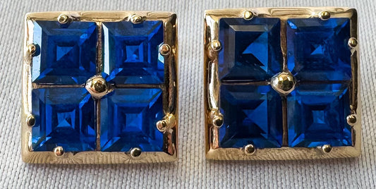 Vintage 10K Yellow Gold Blue Spinel Square Grid Stud Earrings, Simple Elegant Minimalist Earrings