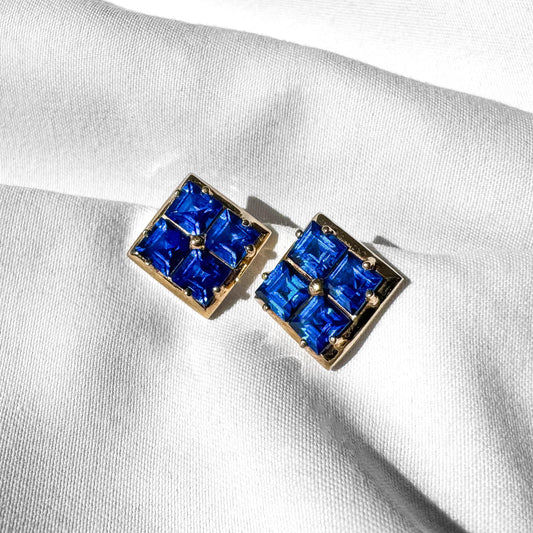 Vintage 10K Yellow Gold Blue Spinel Square Grid Stud Earrings, Simple Elegant Minimalist Earrings