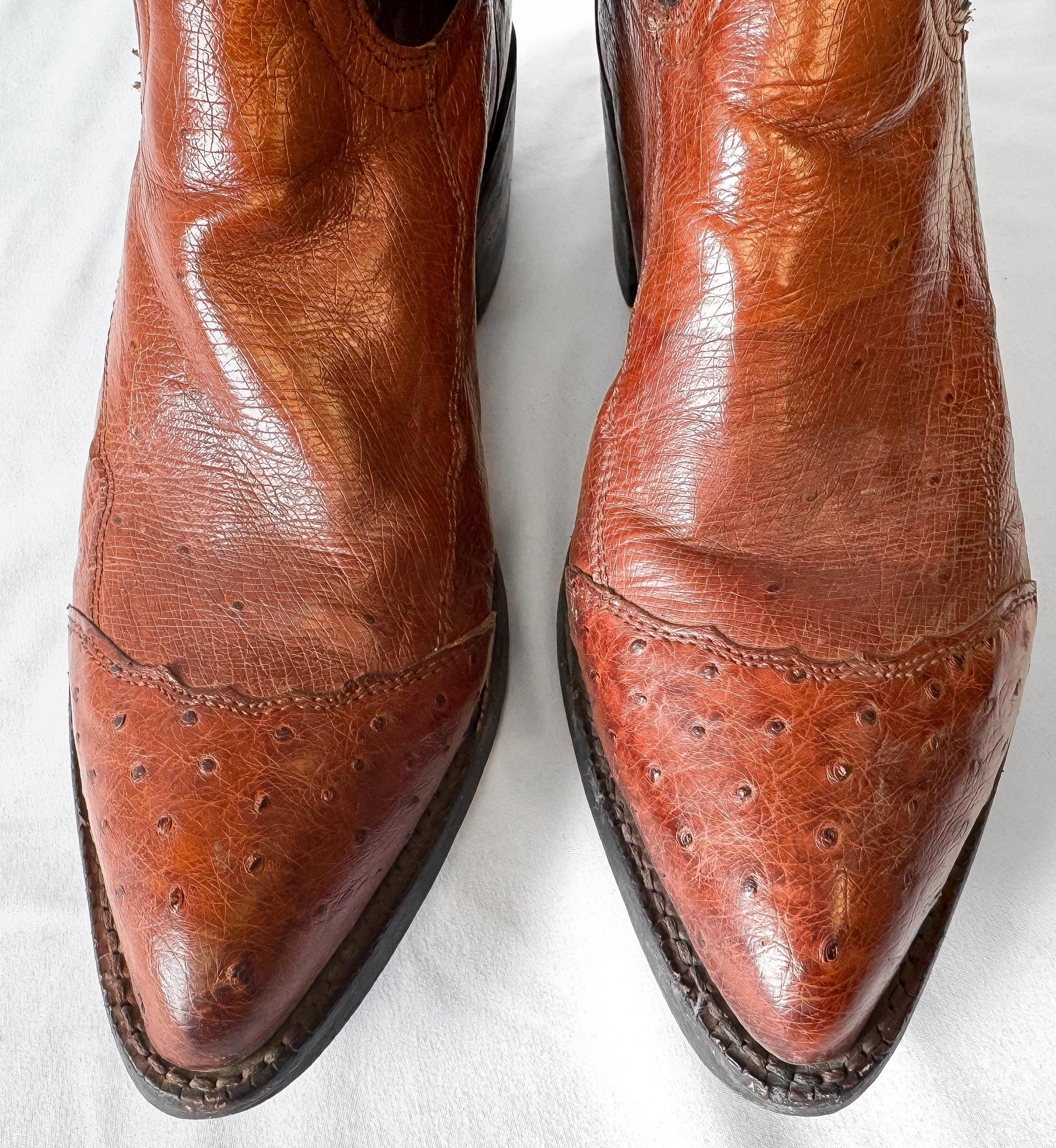 Vintage Tony Lama Brown Cognac Quill Ostrich Leather Pointed Toe Cowboy Boots, Men's Sz. 9D, Vintage Festival Western Boots