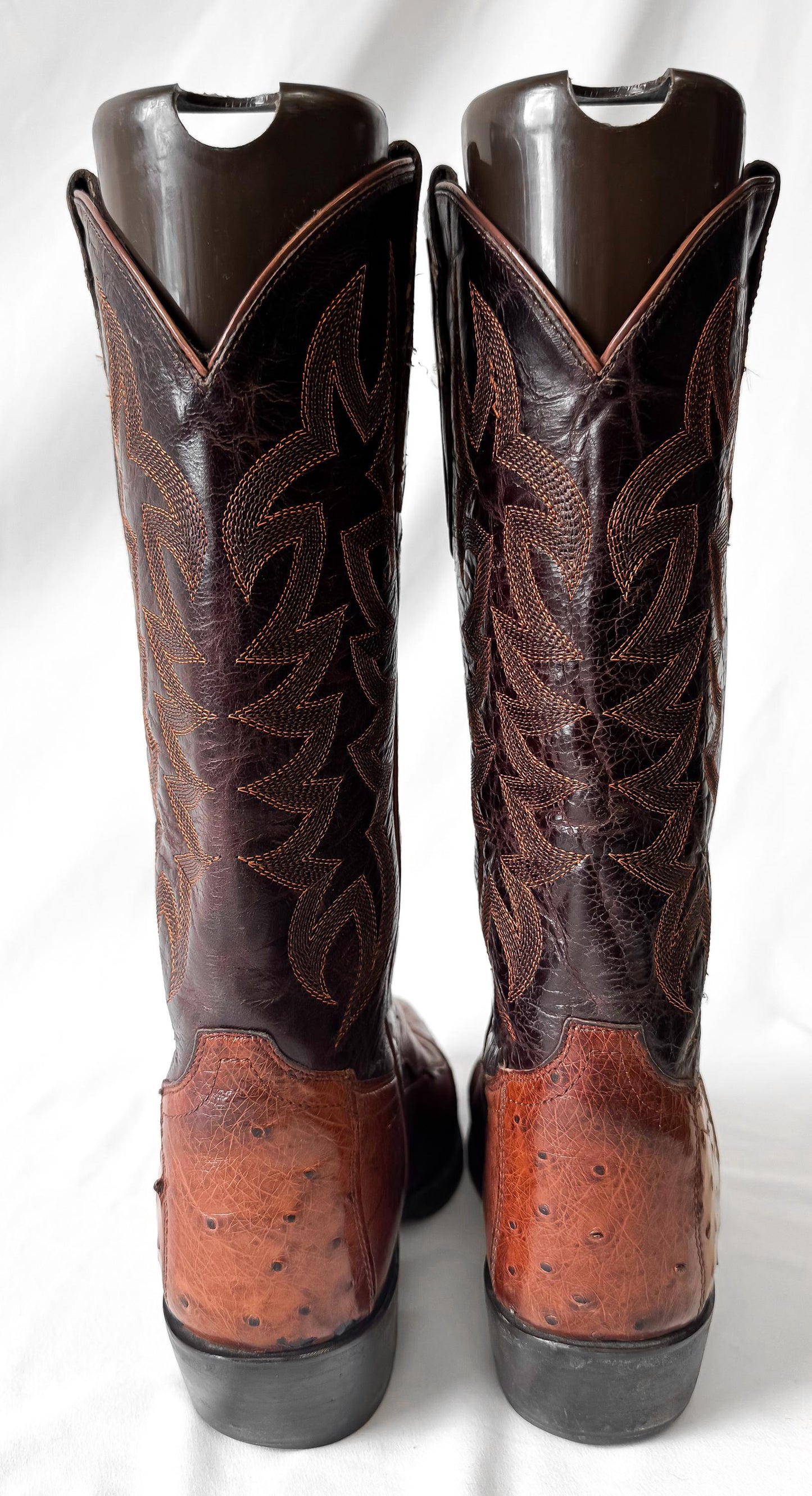 Vintage Tony Lama Brown Cognac Quill Ostrich Leather Pointed Toe Cowboy Boots, Men's Sz. 9D, Vintage Festival Western Boots