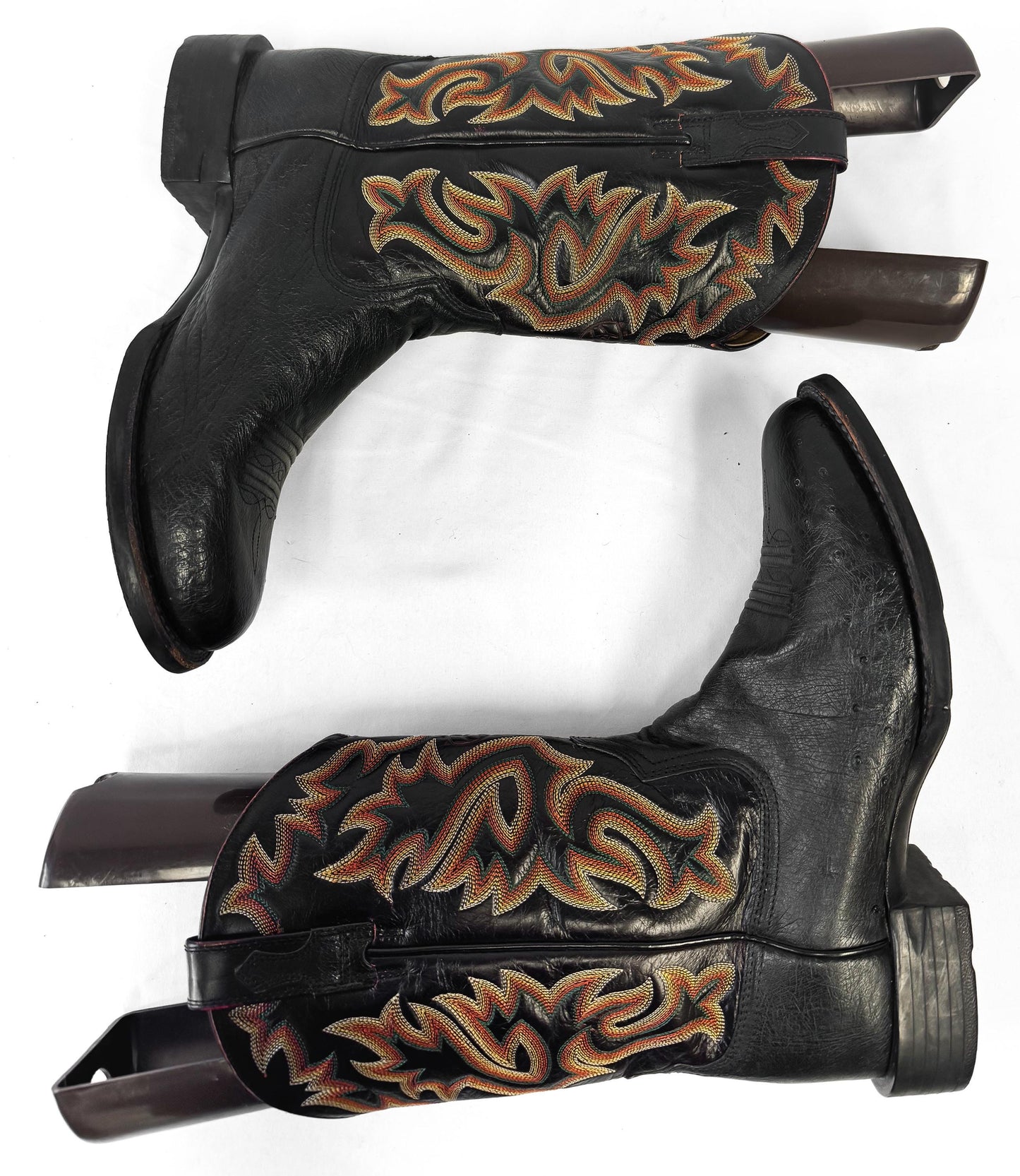 Ariat Black Leather Cowboy Boots with Orange and Yellow Embroidery, Men's Sz. 10EE, Unique Vintage Western Festival Boots