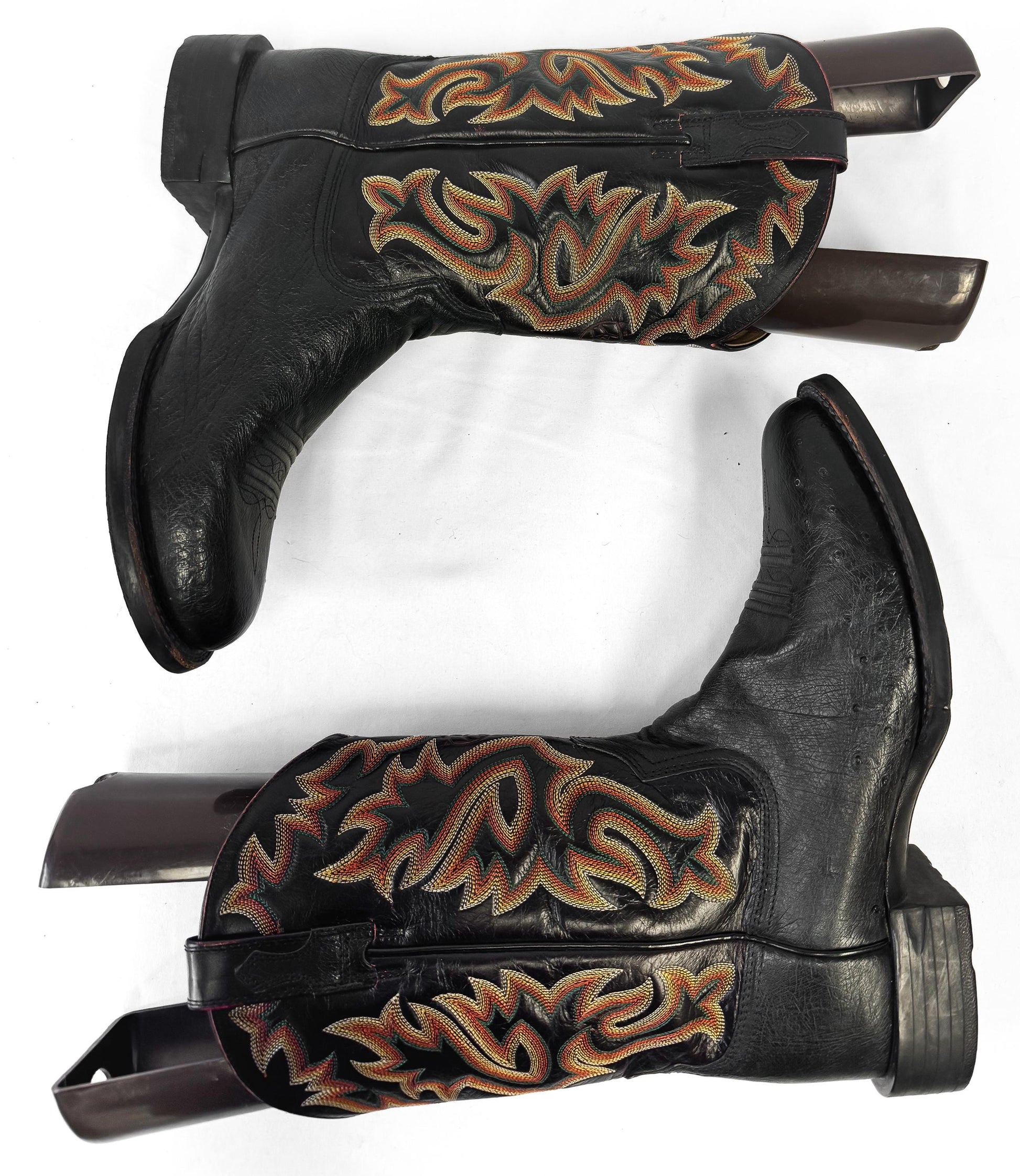 Ariat Black Leather Cowboy Boots with Orange and Yellow Embroidery, Men's Sz. 10EE, Unique Vintage Western Festival Boots
