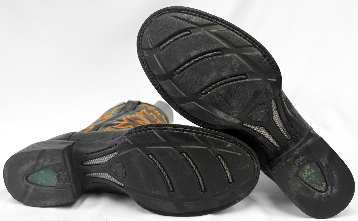 Ariat Black Leather Cowboy Boots with Orange and Yellow Embroidery, Men's Sz. 10EE, Unique Vintage Western Festival Boots