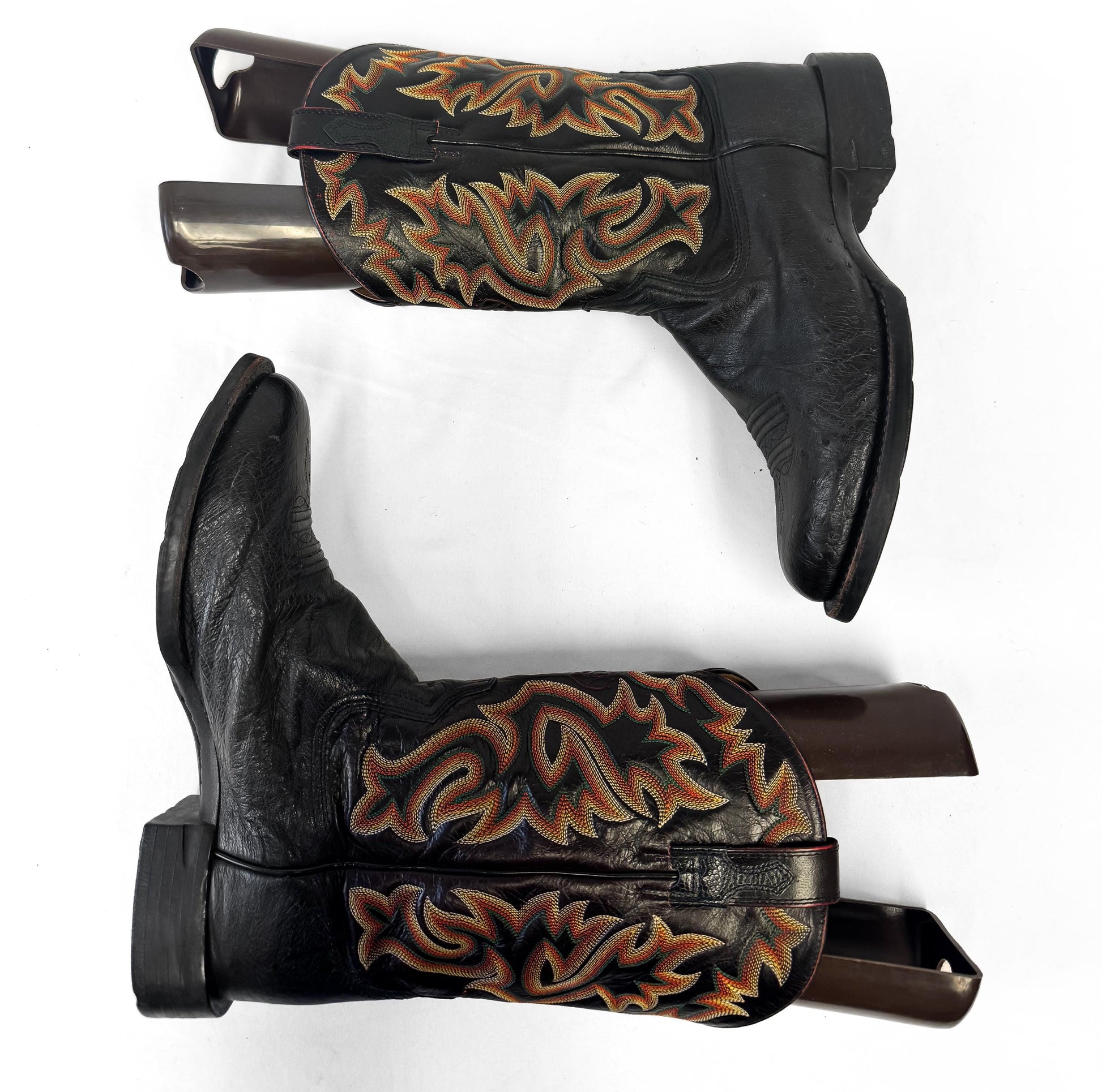Ariat Black Leather Cowboy Boots with Orange and Yellow Embroidery, Men's Sz. 10EE, Unique Vintage Western Festival Boots