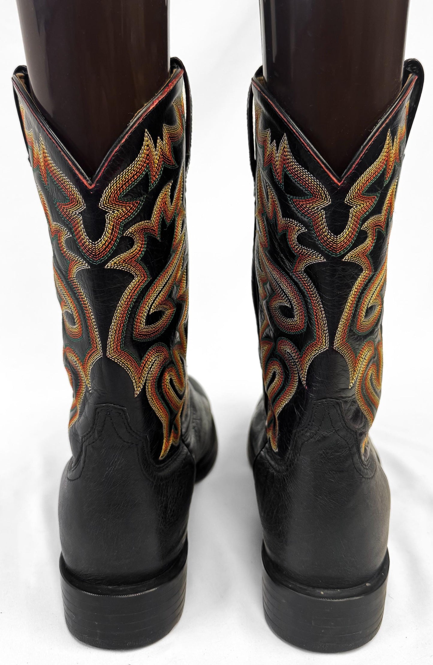 Ariat Black Leather Cowboy Boots with Orange and Yellow Embroidery, Men's Sz. 10EE, Unique Vintage Western Festival Boots