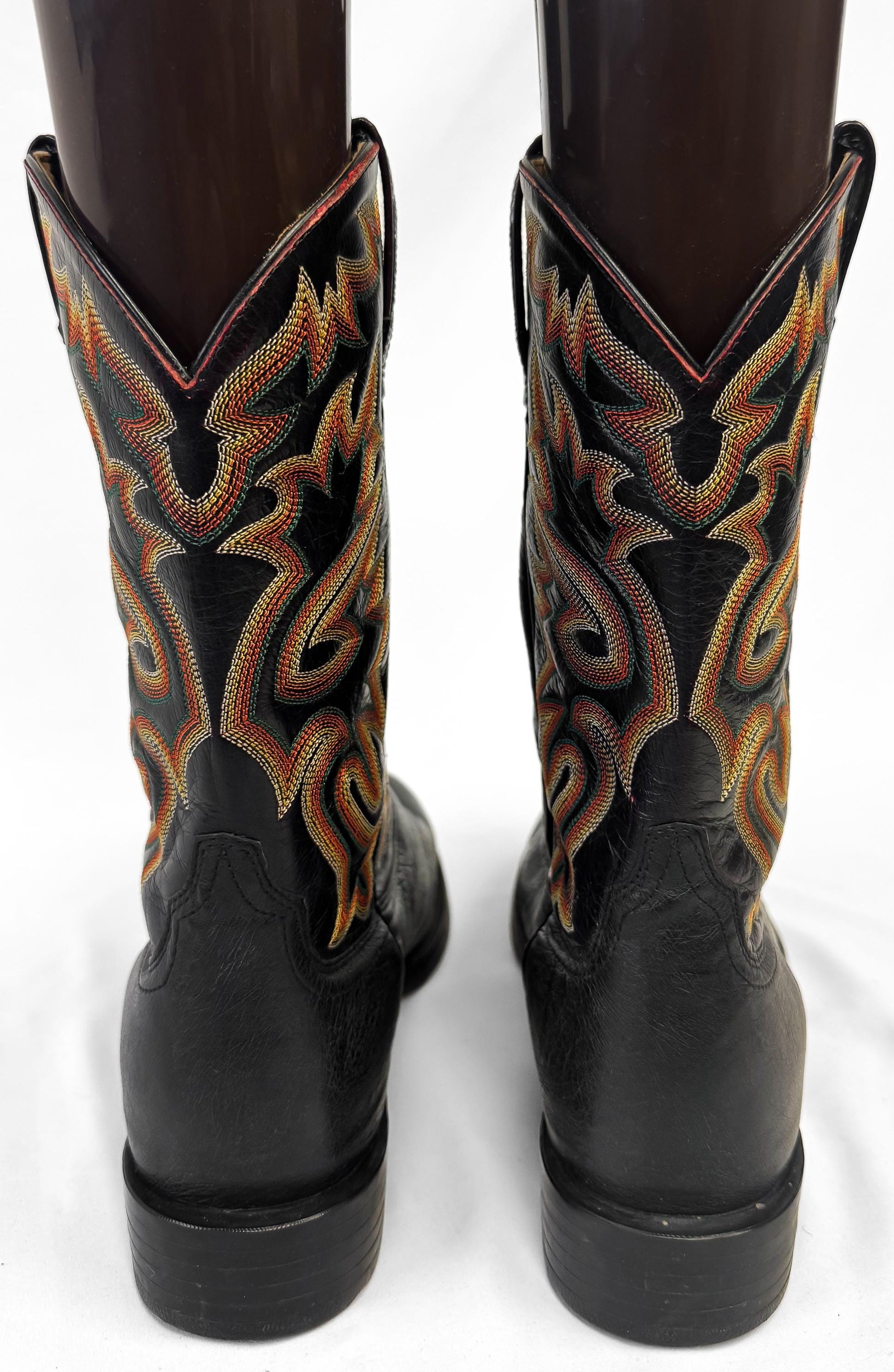 Ariat Black Leather Cowboy Boots with Orange and Yellow Embroidery, Men's Sz. 10EE, Unique Vintage Western Festival Boots