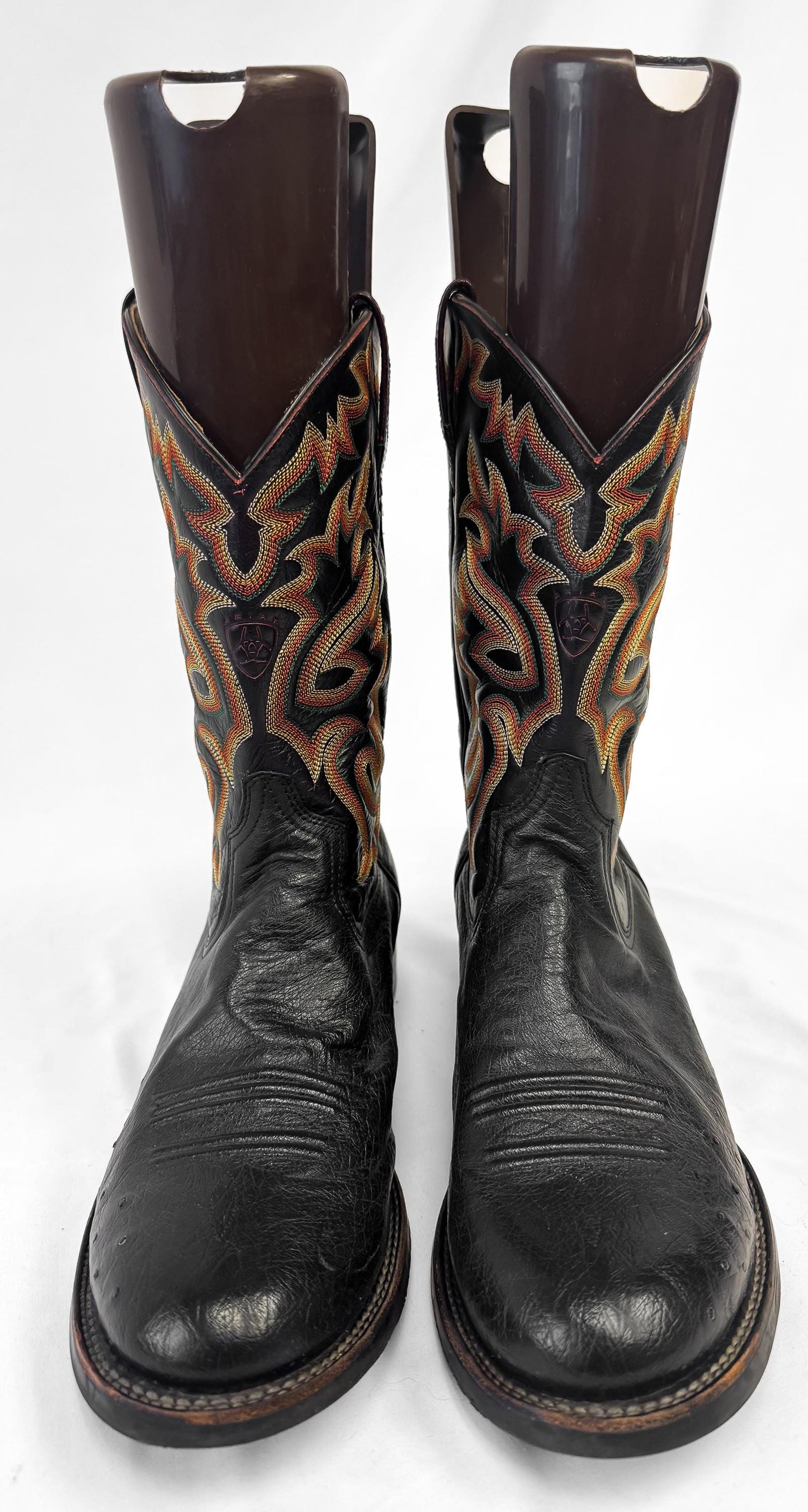 Ariat Black Leather Cowboy Boots with Orange and Yellow Embroidery, Men's Sz. 10EE, Unique Vintage Western Festival Boots