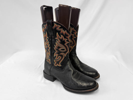 Ariat Black Leather Cowboy Boots with Orange and Yellow Embroidery, Men's Sz. 10EE, Unique Vintage Western Festival Boots