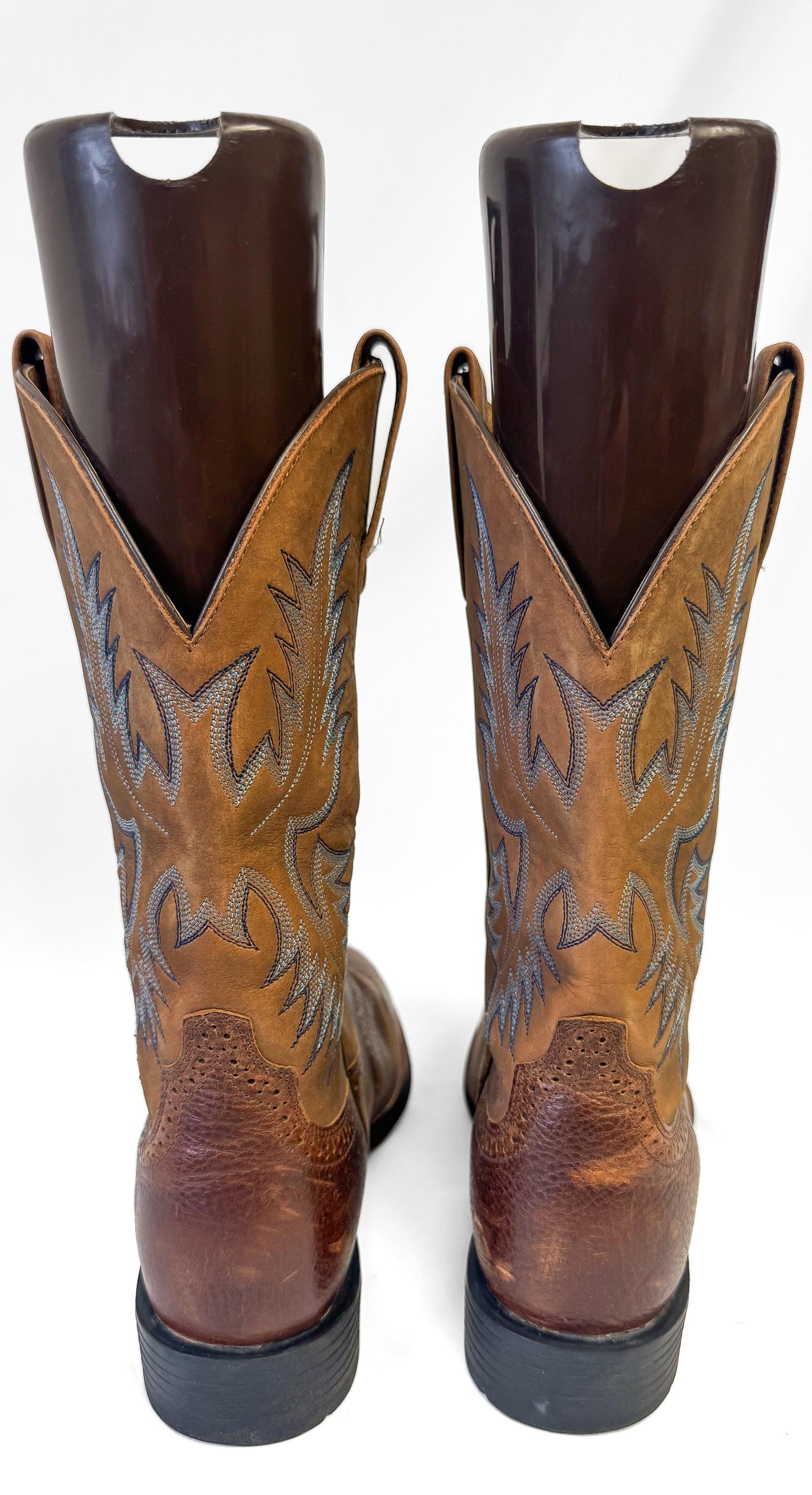 Vintage Style Ariat Two Tone Brown Blue Embroidered Leather Cowboy Boots, Men's Sz. 9EE, Unique Vintage Western Festival Boots