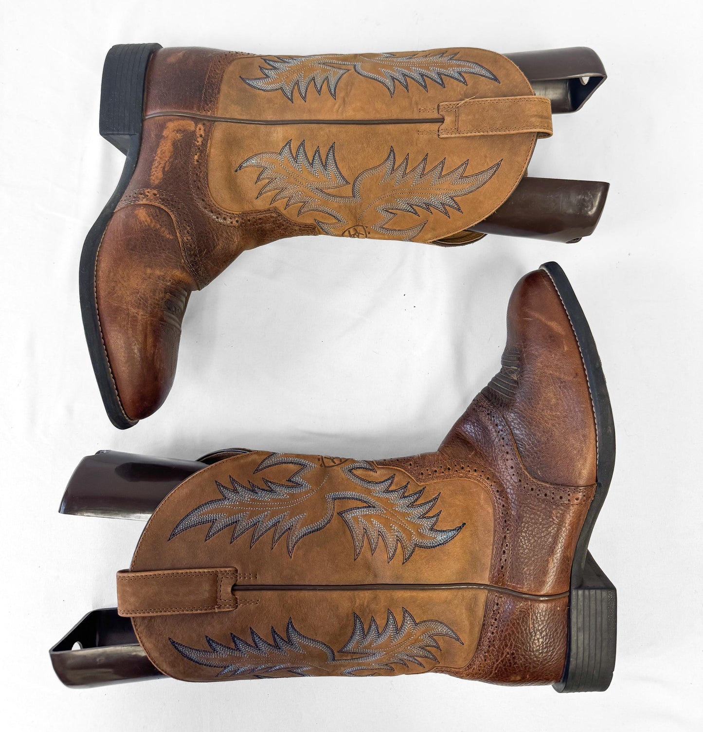 Vintage Style Ariat Two Tone Brown Blue Embroidered Leather Cowboy Boots, Men's Sz. 9EE, Unique Vintage Western Festival Boots