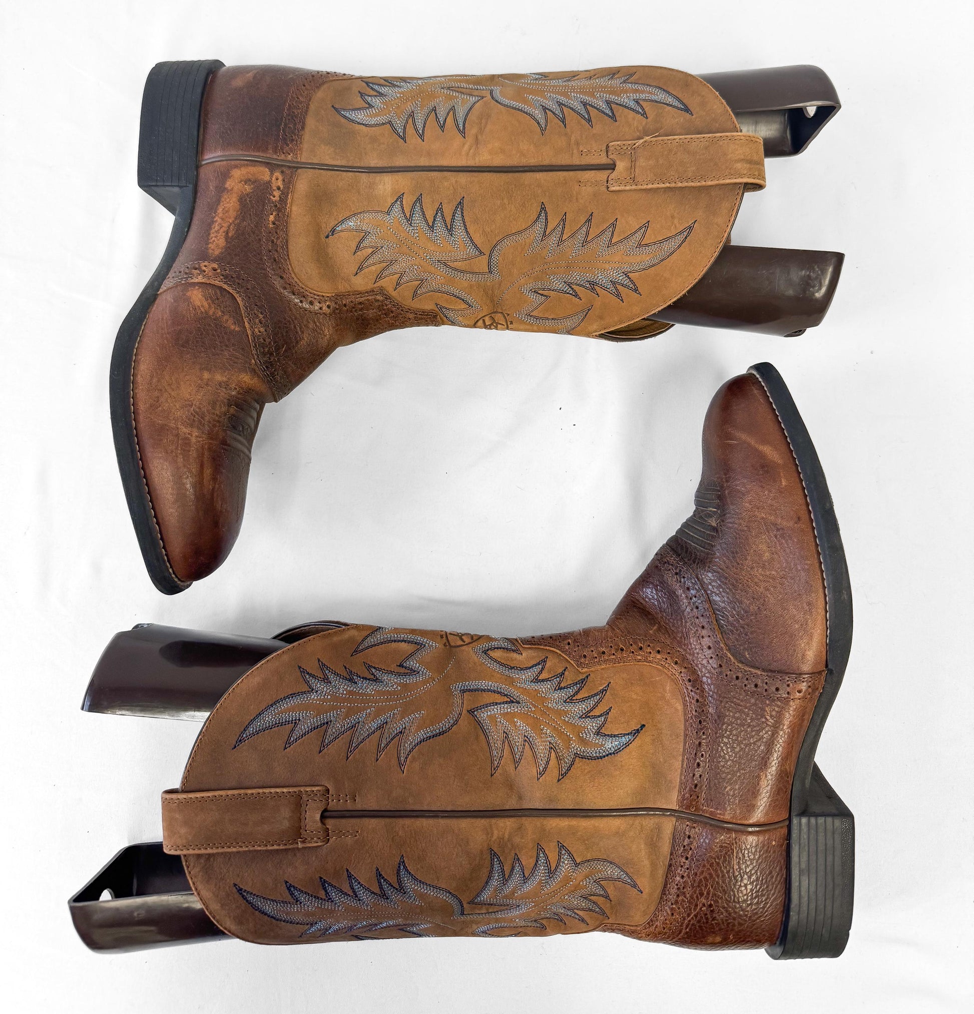 Vintage Style Ariat Two Tone Brown Blue Embroidered Leather Cowboy Boots, Men's Sz. 9EE, Unique Vintage Western Festival Boots