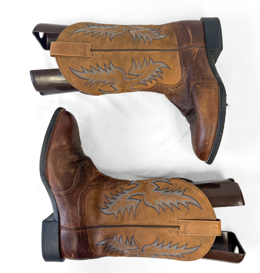 Vintage Style Ariat Two Tone Brown Blue Embroidered Leather Cowboy Boots, Men's Sz. 9EE, Unique Vintage Western Festival Boots