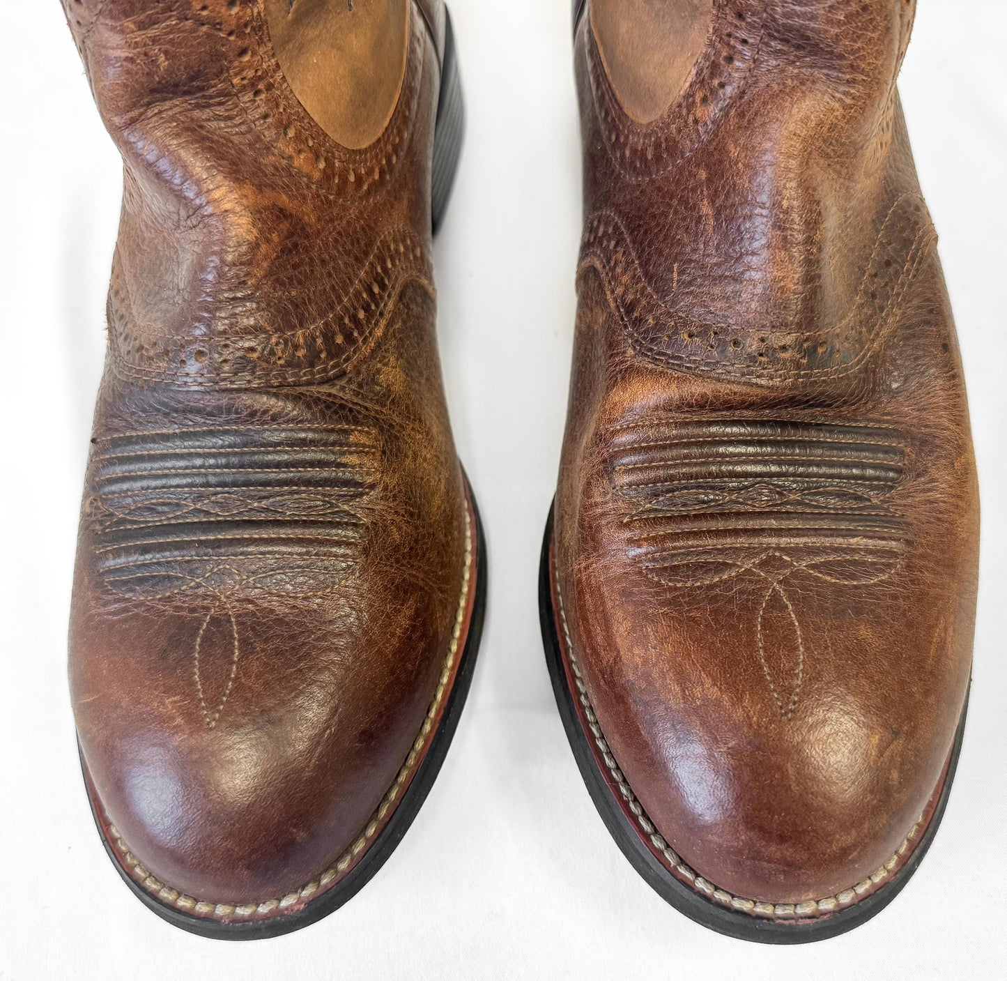 Vintage Style Ariat Two Tone Brown Blue Embroidered Leather Cowboy Boots, Men's Sz. 9EE, Unique Vintage Western Festival Boots