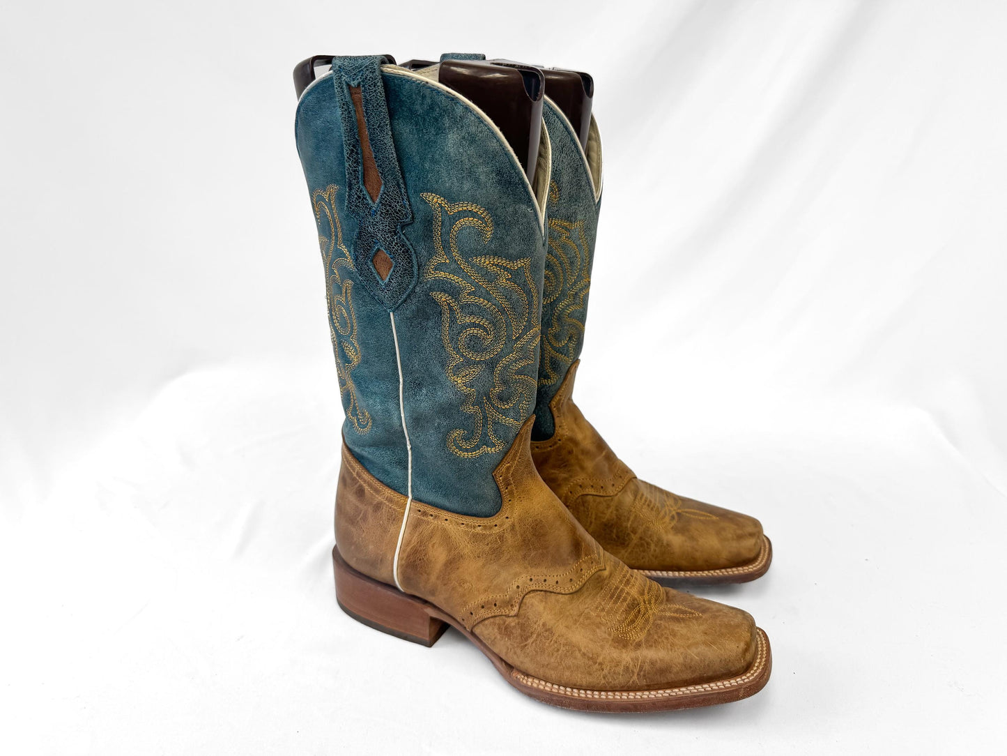 J.B. Dillon Windmark Blue Tan Leather Cowboy Boots, Men's Sz. 10D, Unique Western Boots