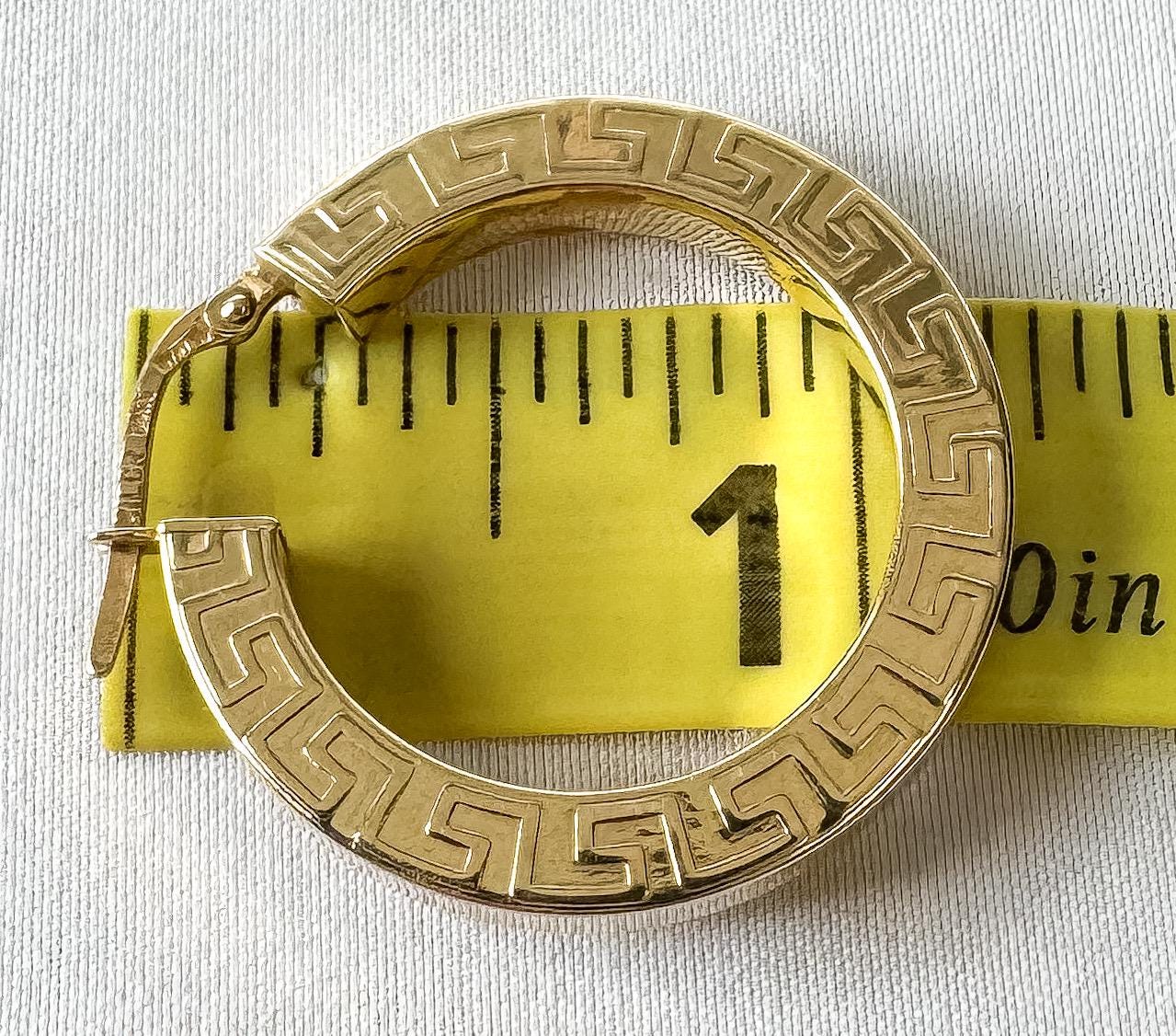 Vintage 14K Yellow Gold Milor Italy Grecian Key Etched Hollow Hoop Earrings, Roughly 4mm Width, Elegant Retro Minimalist Hoops