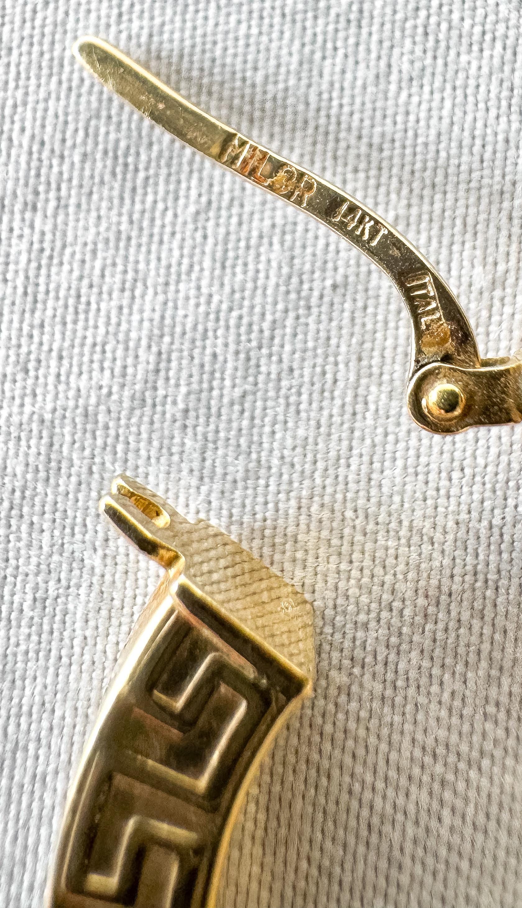 Vintage 14K Yellow Gold Milor Italy Grecian Key Etched Hollow Hoop Earrings, Roughly 4mm Width, Elegant Retro Minimalist Hoops
