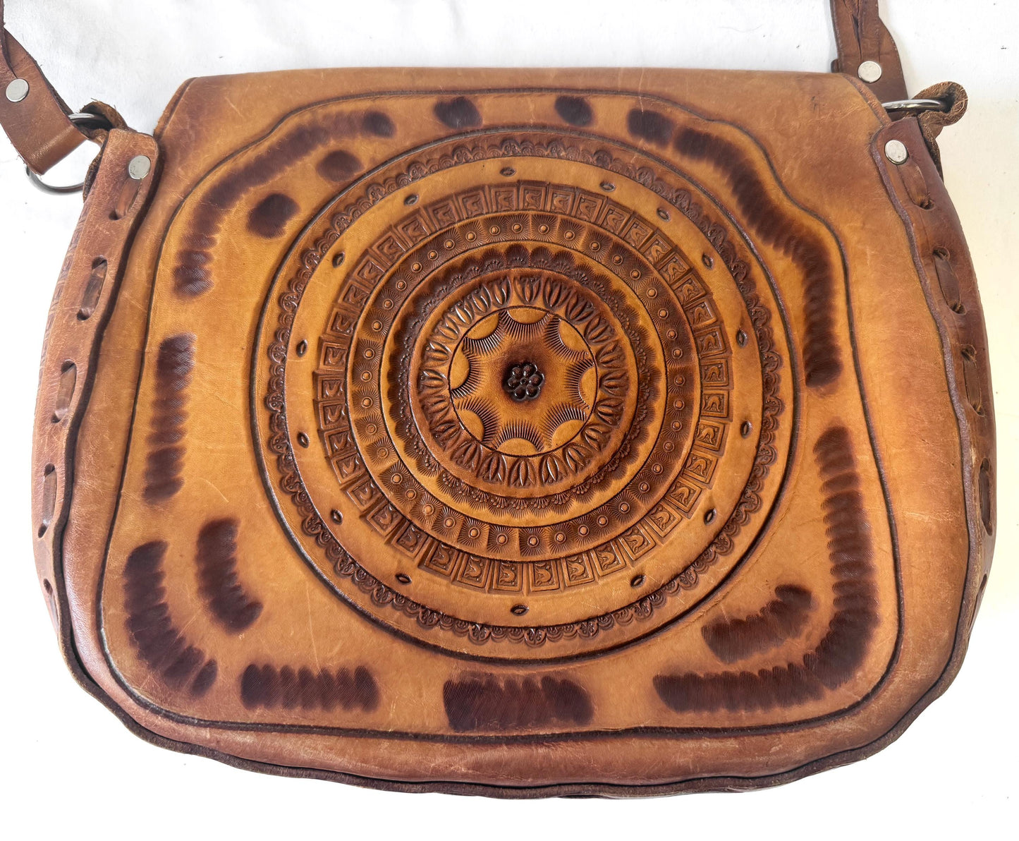 Vintage 70s Handcrafted Tooled Leather Abstract Engraved Braided Strap Shoulder Bag, Western Boho Style Handbag