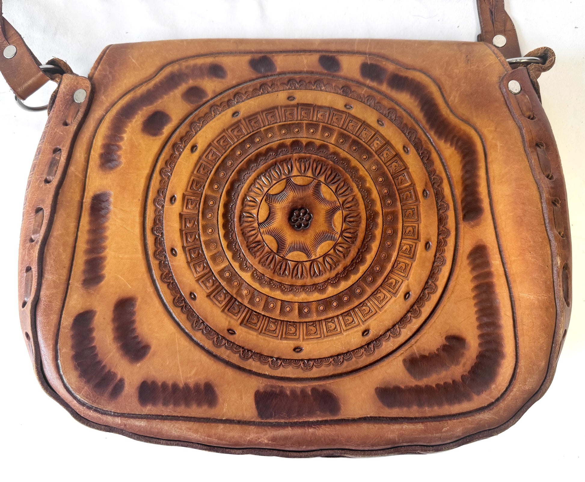 Vintage 70s Handcrafted Tooled Leather Abstract Engraved Braided Strap Shoulder Bag, Western Boho Style Handbag