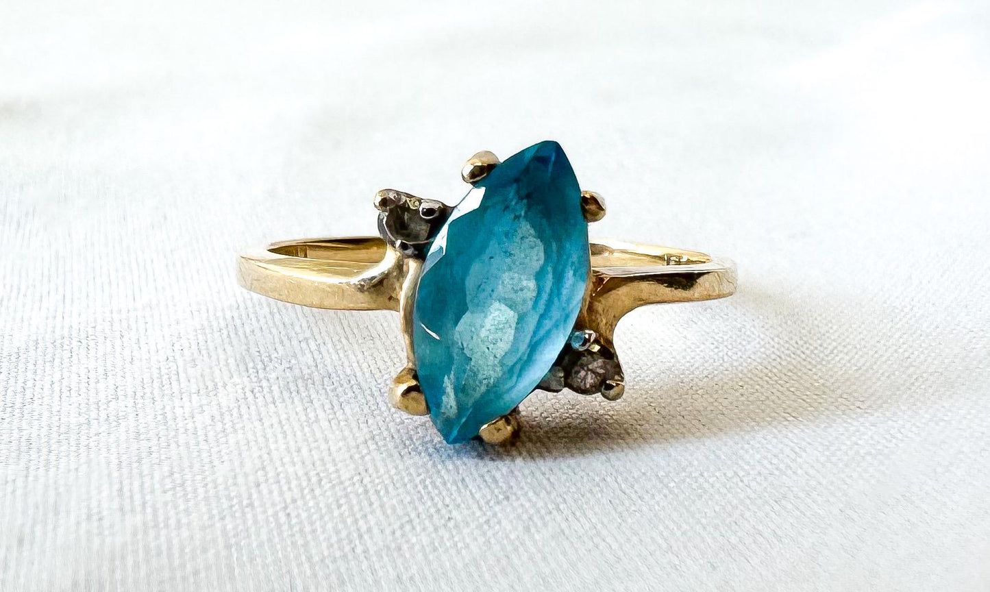 Vintage 10K Yellow Gold Diamond Light Blue Topaz Marquise Ring, Sz. 6.5, Unique Statement Art Deco Style Ring
