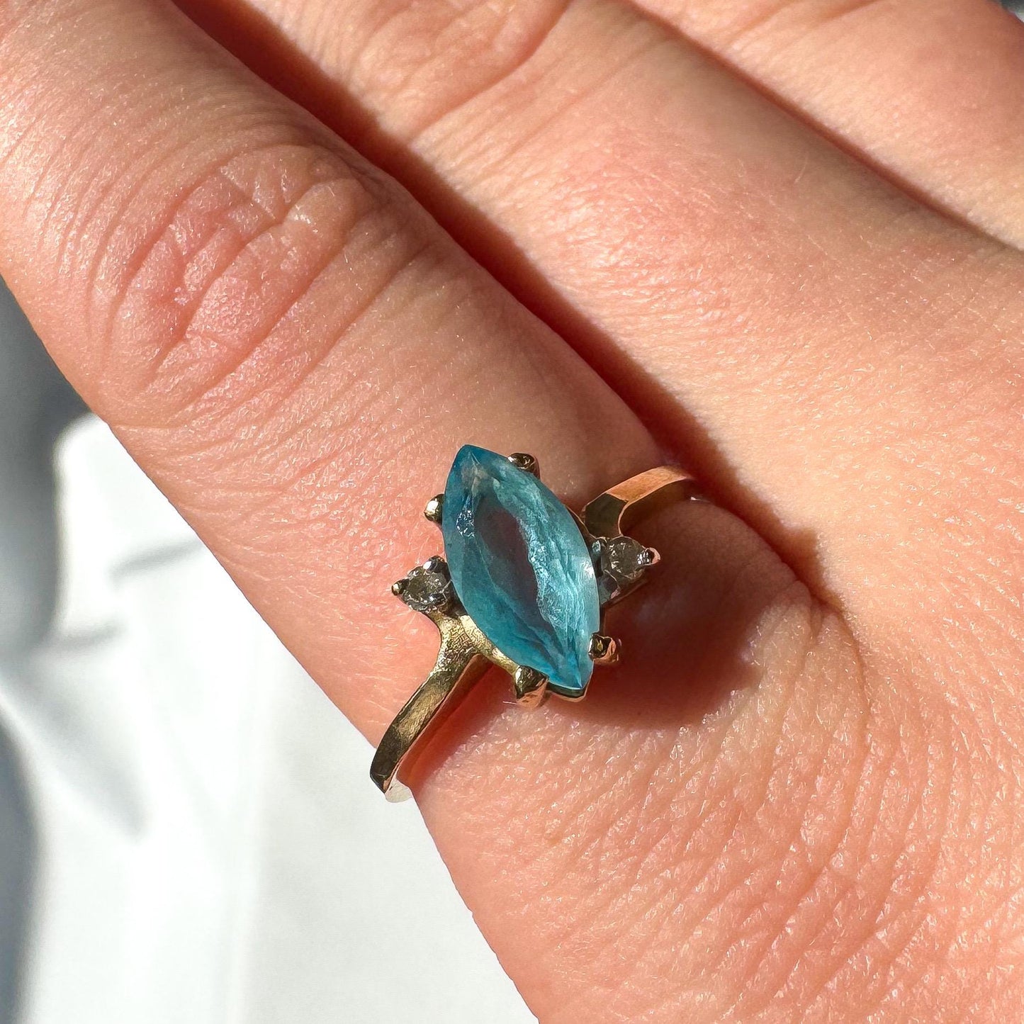 Vintage 10K Yellow Gold Diamond Light Blue Topaz Marquise Ring, Sz. 6.5, Unique Statement Art Deco Style Ring