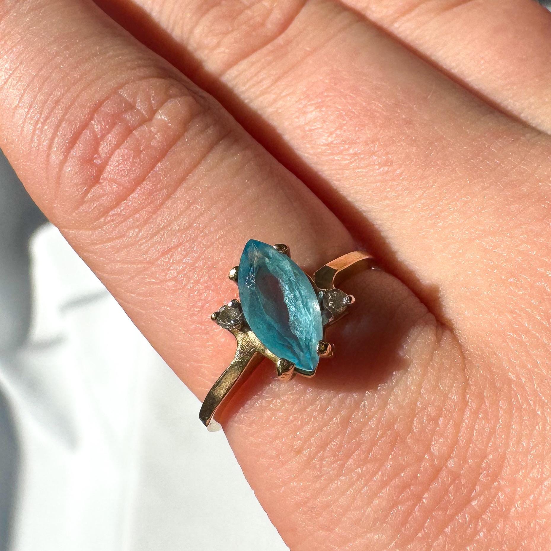 Vintage 10K Yellow Gold Diamond Light Blue Topaz Marquise Ring, Sz. 6.5, Unique Statement Art Deco Style Ring