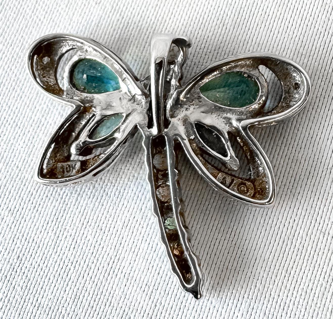 10K White Gold Opal Blue Topaz Diamond Accent Dragonfly Slide Pendant, Unique Boho Whimsy Style Pendant